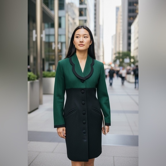 gillian Dresses & Skirts - Vintage Gillian Petites Jacket Dress Wool Color Block Fully Lined Green Navy.